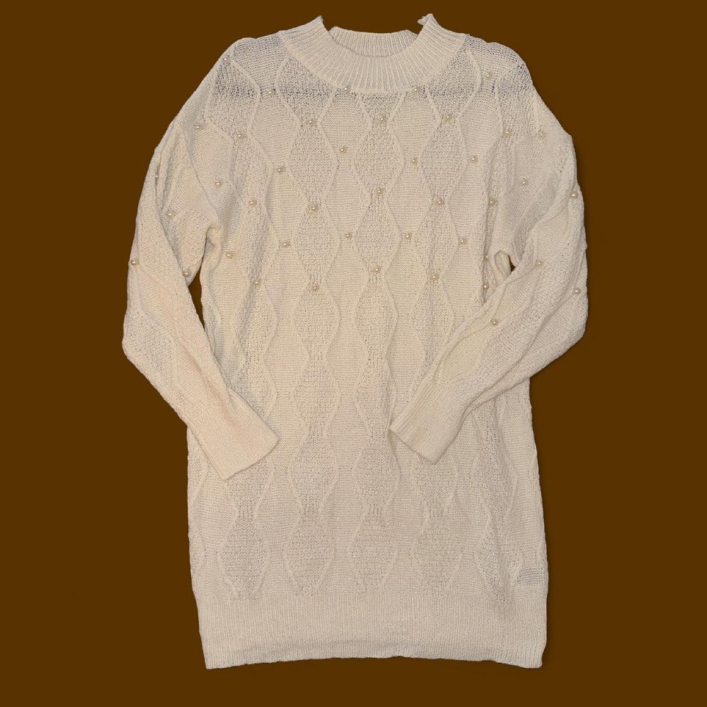 SHEIN Pearl Embellished Cable Knit Sweater Dress White Size S